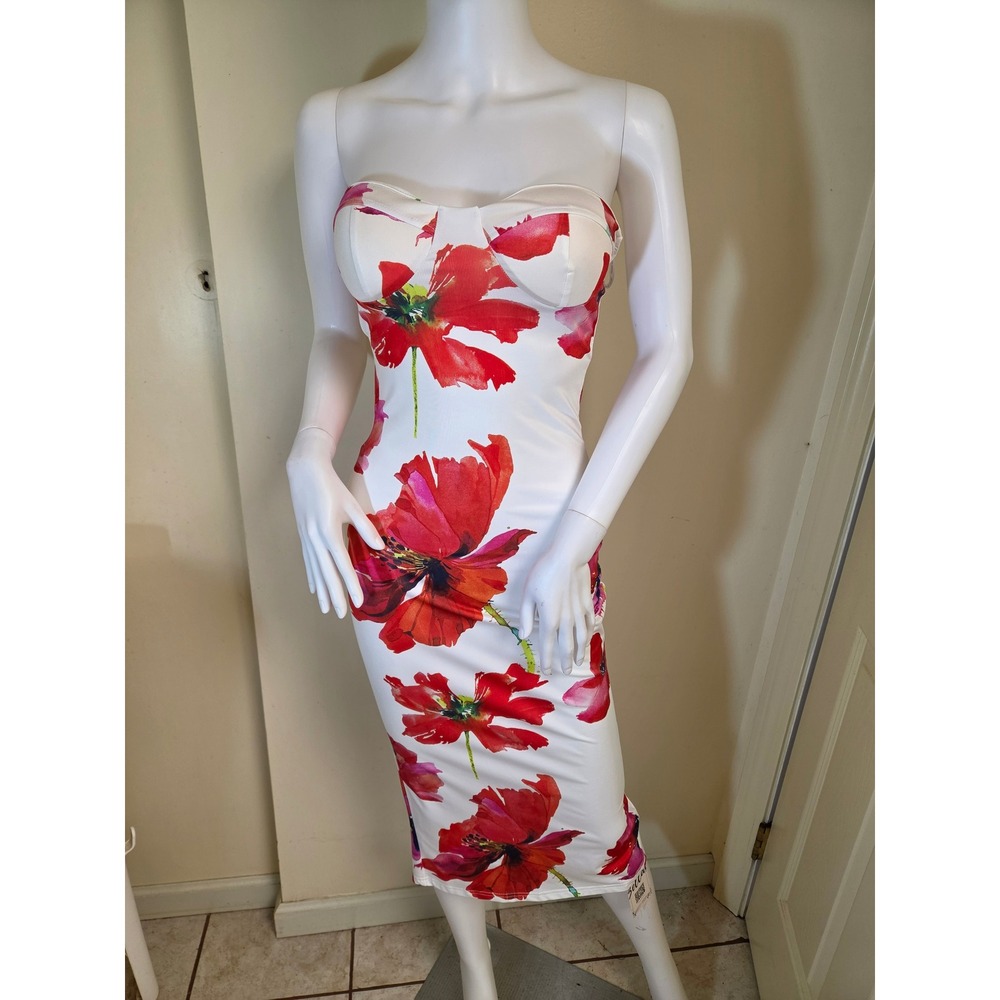 Bella Barnett Red Poppy Floral Strapless Bustier Midi Dress White Small NWT